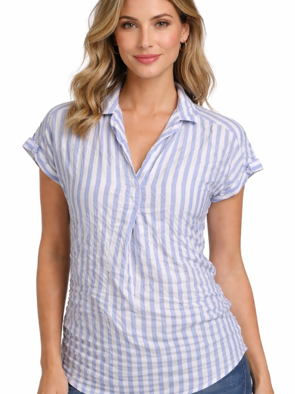 GAP Blue and White Striped Short Sleeve Button-Front Blouse